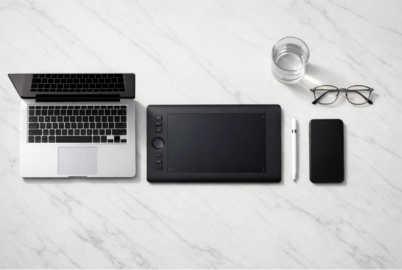 a laptop, tablet, mobile phone, stylus, and cable on a table top