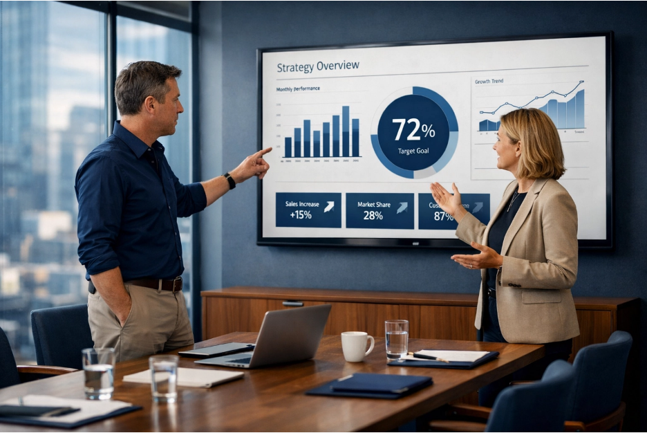 man and woman in conference room discussing data presented on screen