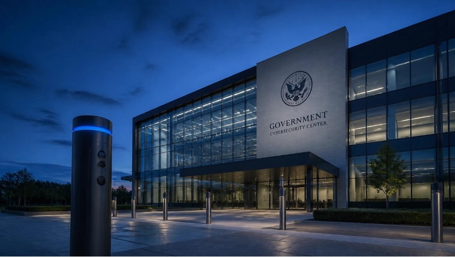 Facade of US Government Cybersecurity Center at night.